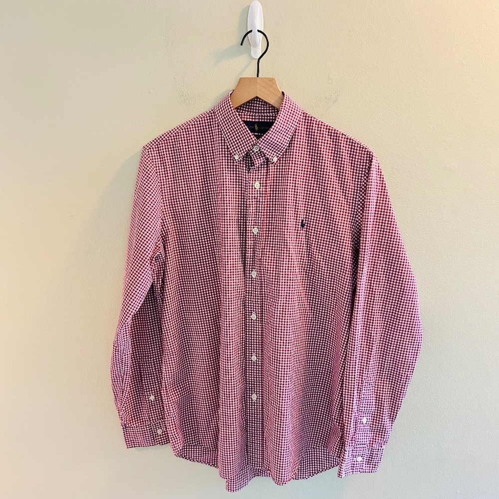 Ralph Lauren Plaid Dress Shirt Mens Size Medium White Red Gingham Button Down